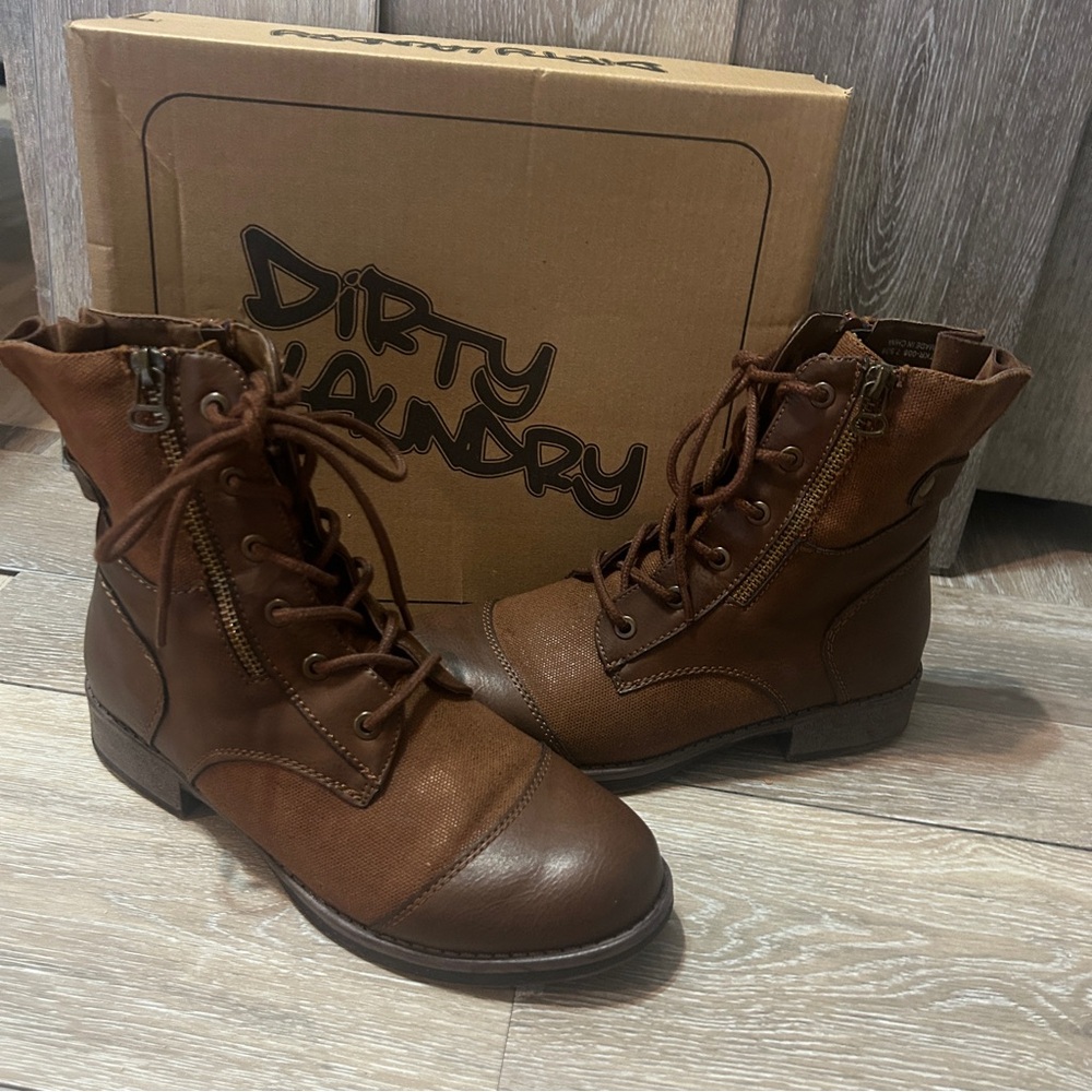 Dirty Laundry Brown Combat Boots | Size 7.5 / 38 | Leather Canvas Moto Style
